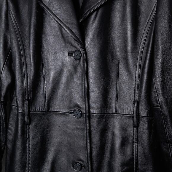 Tibor Leathers Trench Coat Genuine Leather Double Breasted Black Size M Mobwife - Picture 5 of 16